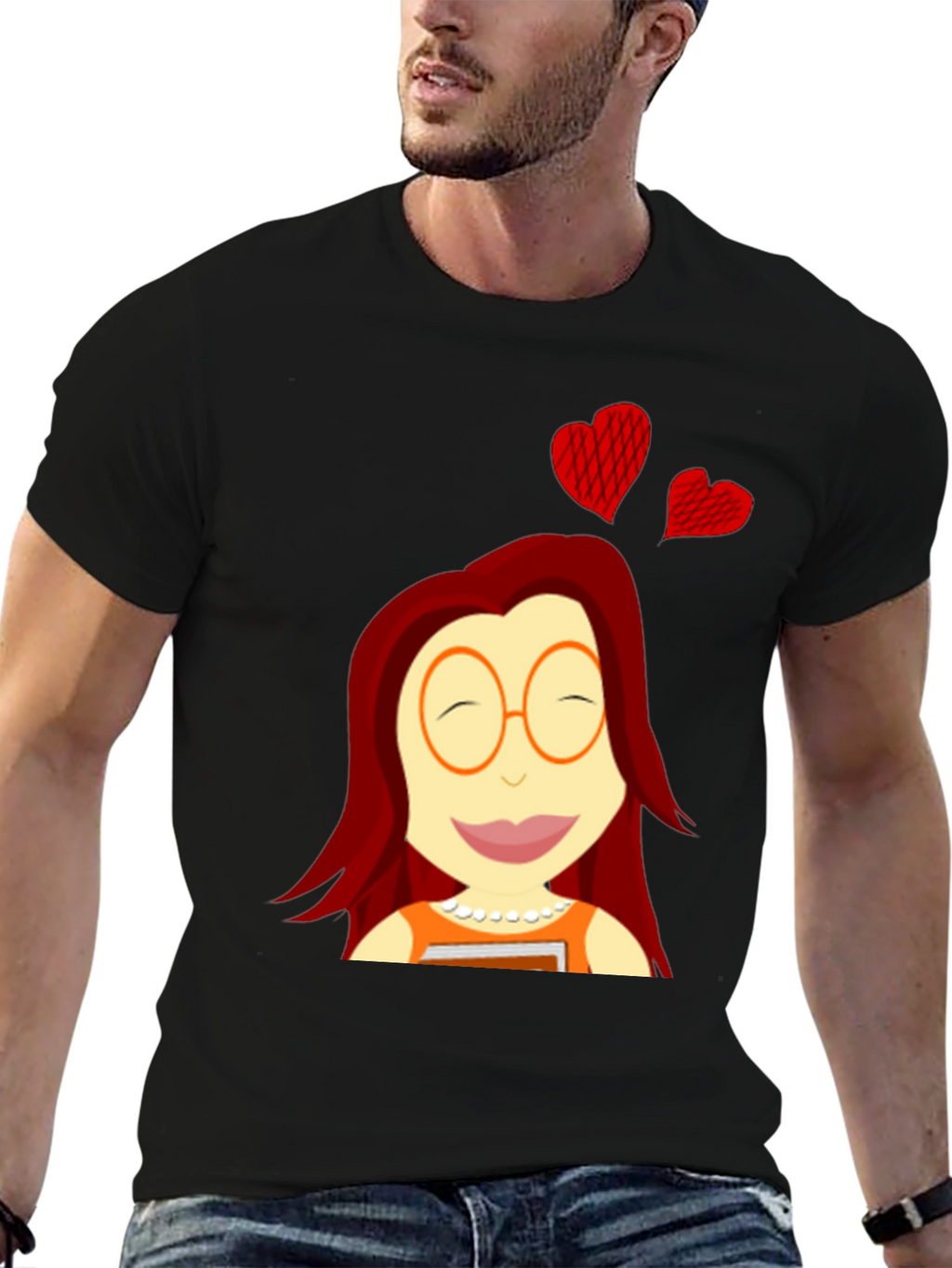 Cartoon Girl with Hearts Black T-Shirt