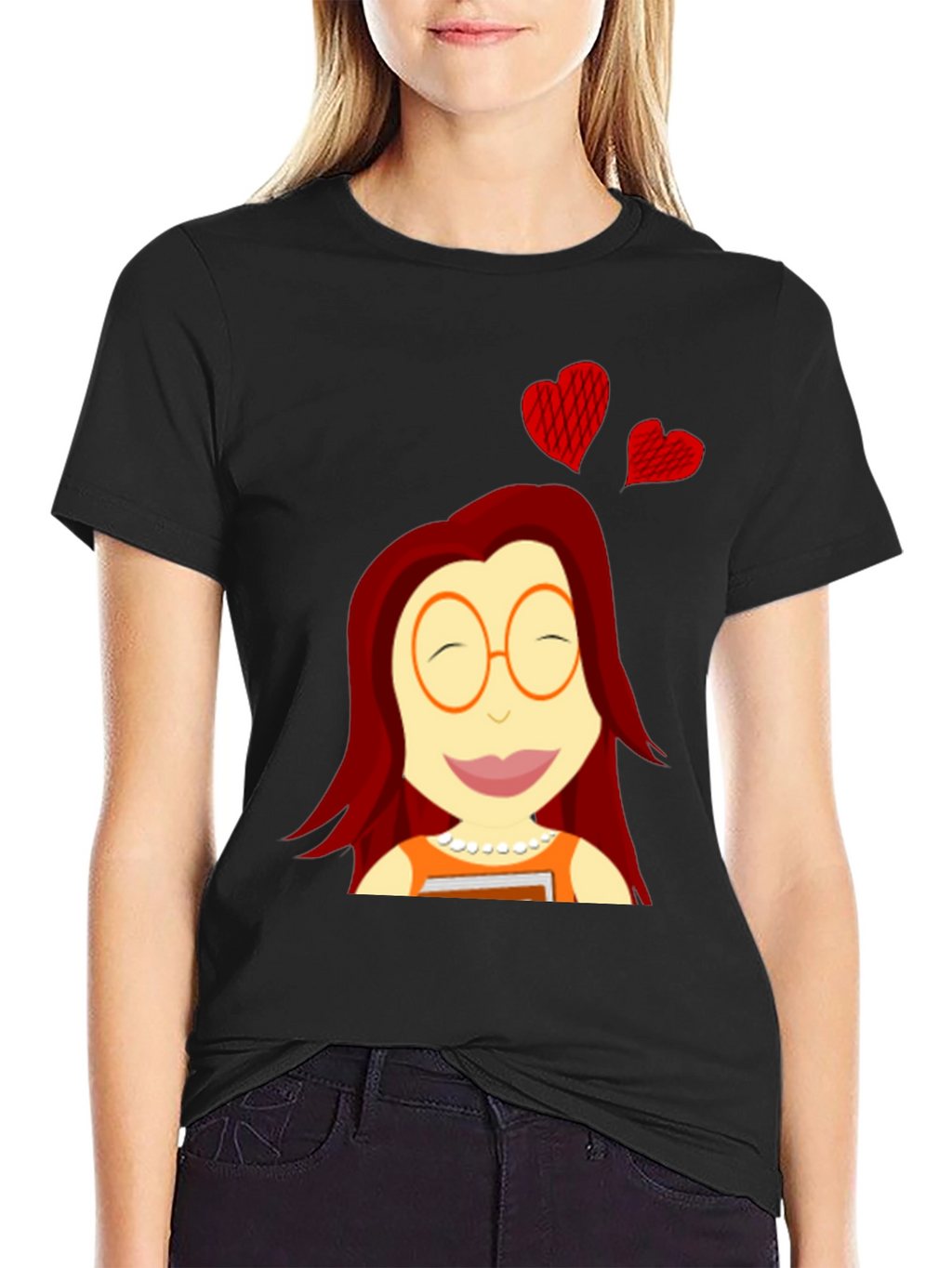 Cartoon Girl with Hearts Black T-Shirt