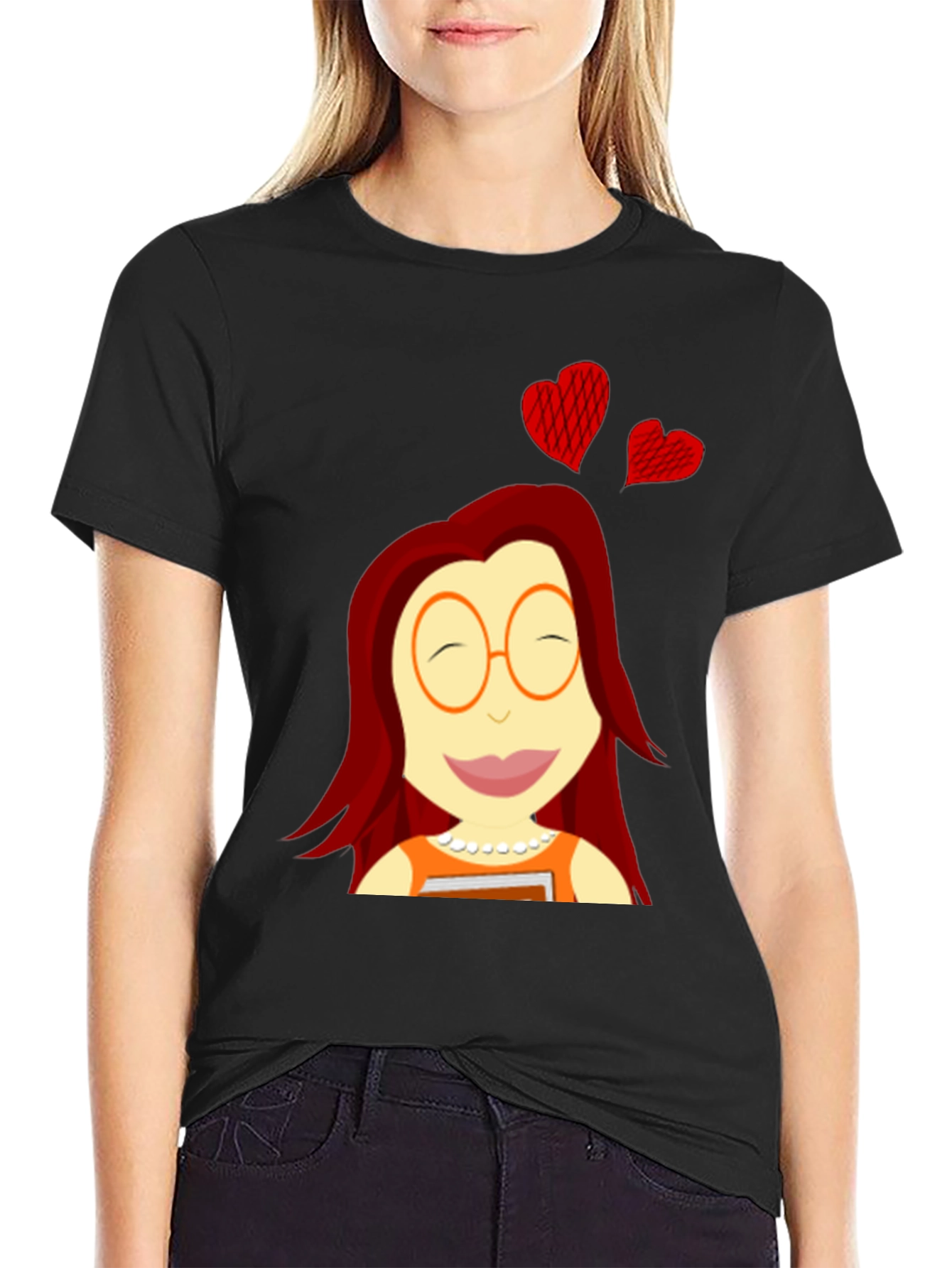 Cartoon Girl with Hearts Black T-Shirt