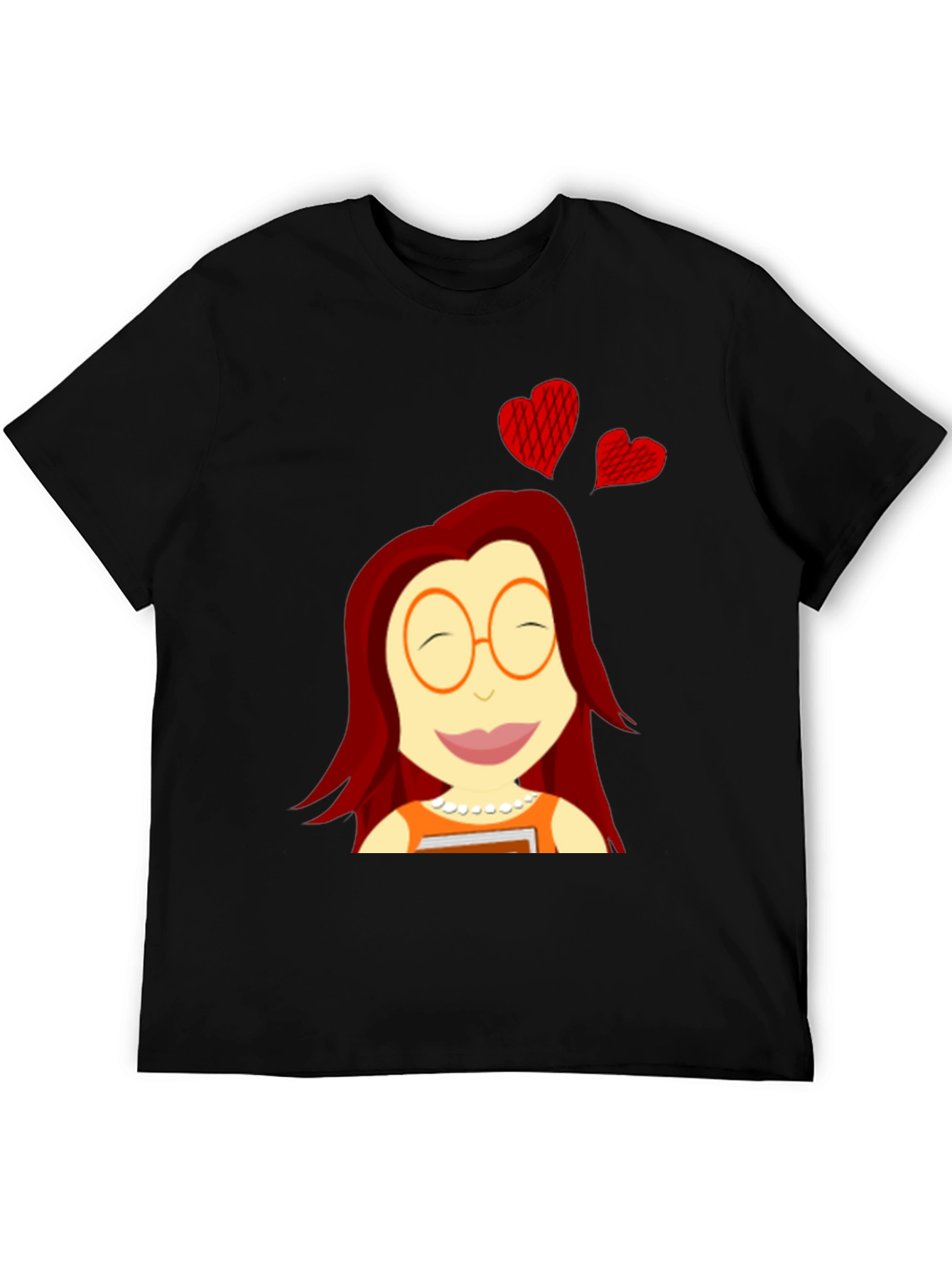 Cartoon Girl with Hearts Black T-Shirt