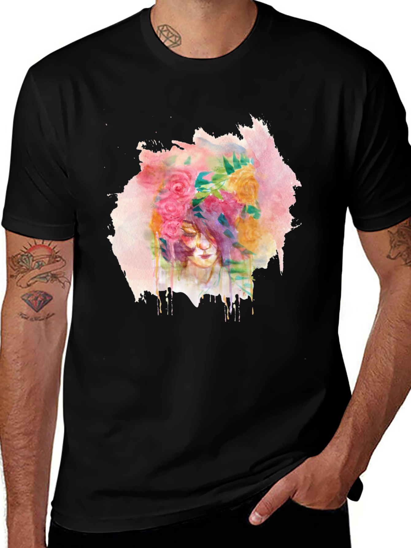 Floral Watercolor Graphic Black T-Shirt