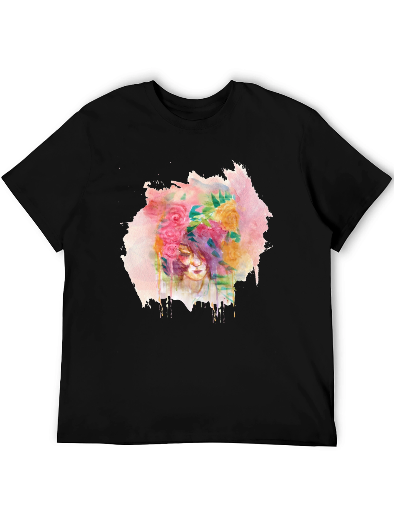 Floral Watercolor Graphic Black T-Shirt