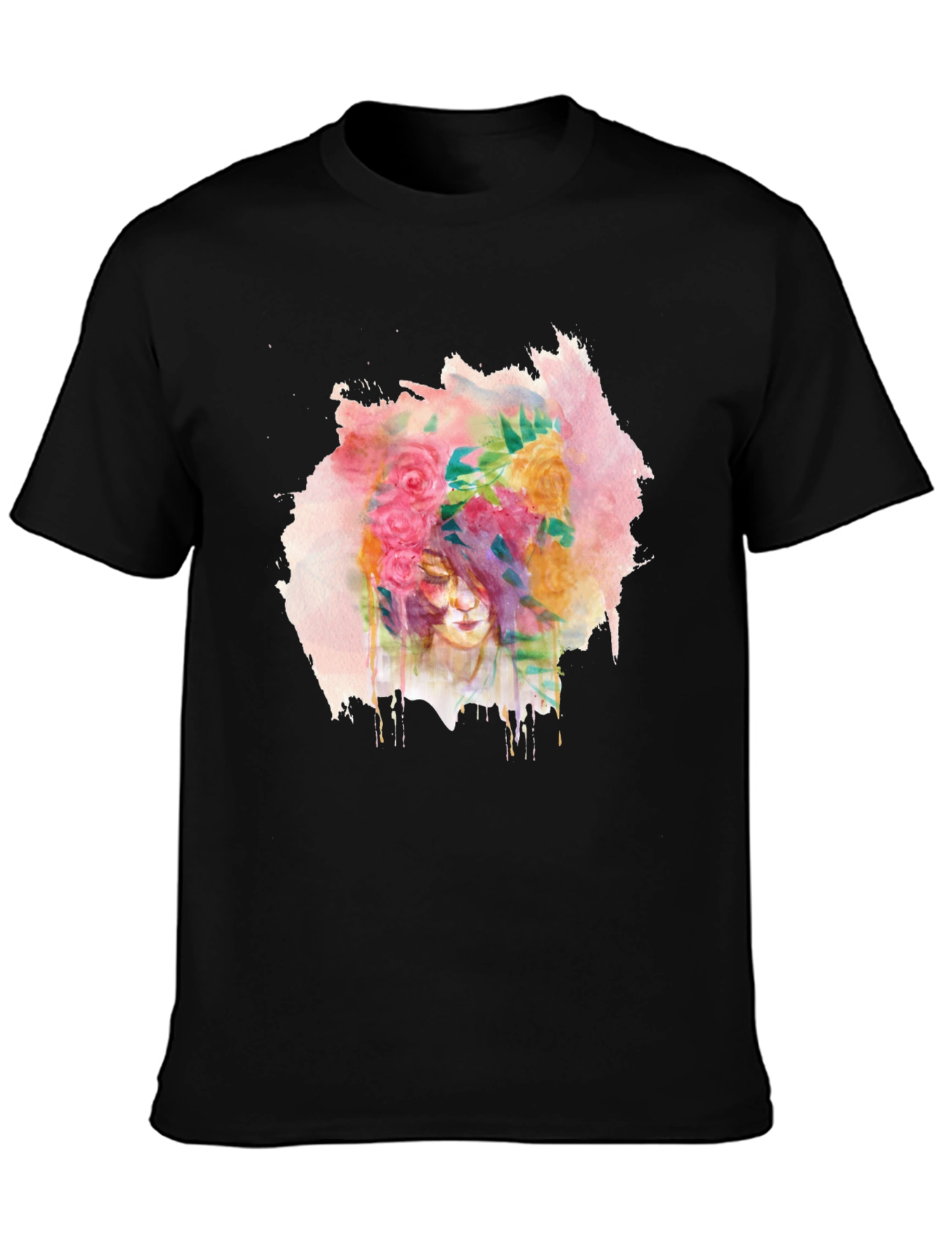 Floral Watercolor Graphic Black T-Shirt