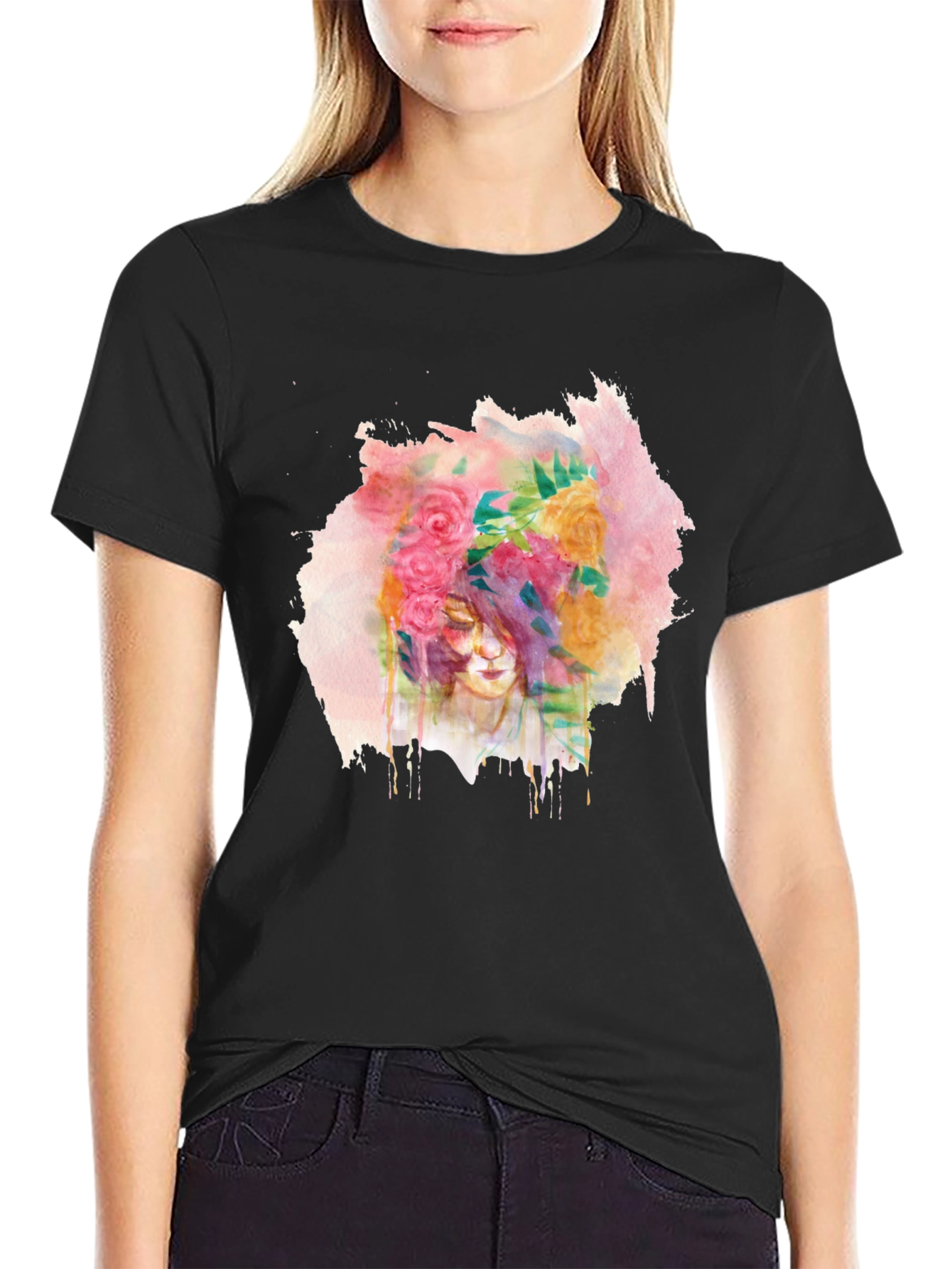 Floral Watercolor Graphic Black T-Shirt