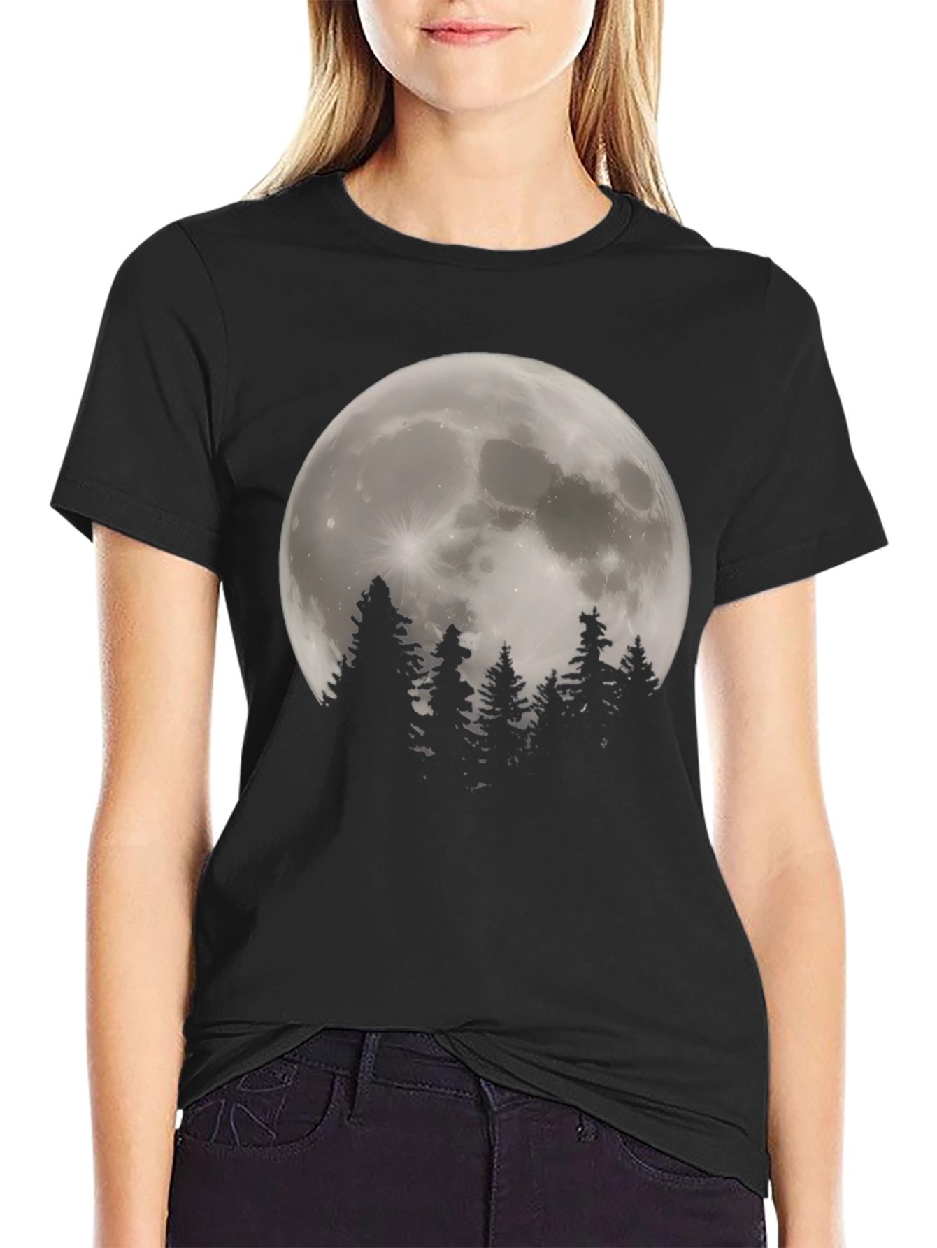 Moonlit Forest Graphic Tee - Stylish Black T-Shirt